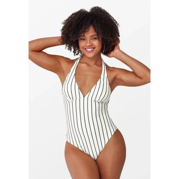 NWT Cupshe Swimsuit XXL / 2XL One Piece Alice Stripe Halter Cream Gray Padded - Picture 1 of 10
